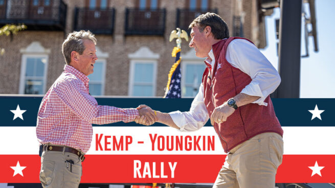 Georgia-Governor-Brian Kemp-shaking-hands-with-Virginia-Governor-Glenn-Youngkin-in-Alpharetta-Georgia