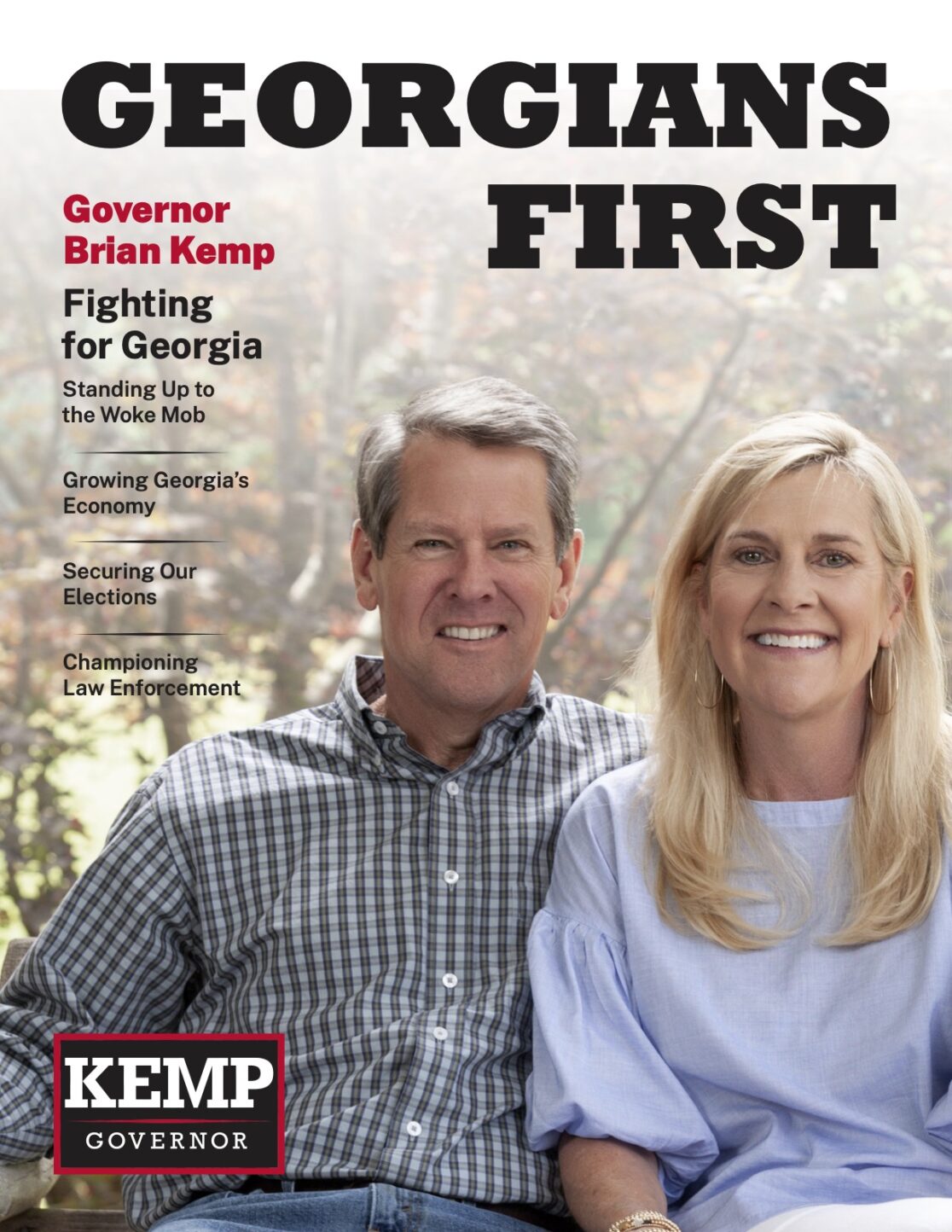 elected-georgia-governor-Brain-Kemp-and-his-wife-Marty-Kemp-sitting-alongside-each-other-on-bench.