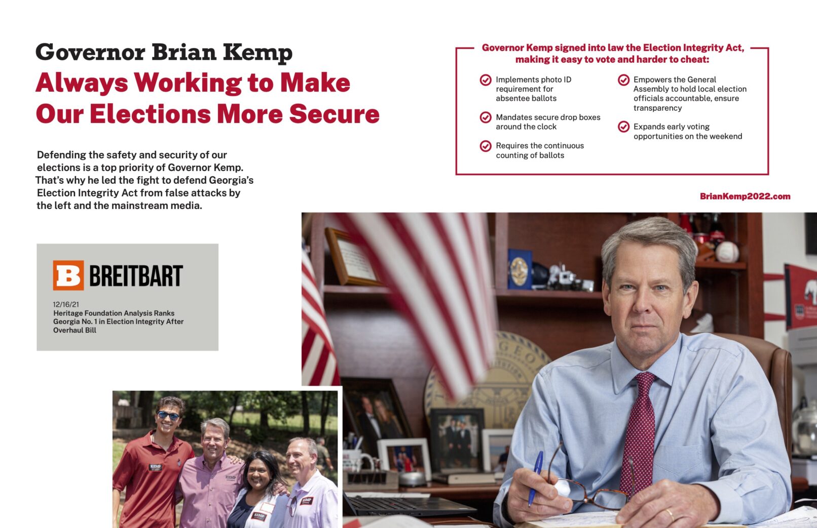 Governor-of-Georgia-from-2019-to-2026-gazing-at-camera-from-Governor's-desk-by-American-flags-in-top-left-of-picture.-Bottom-left-picture-displays-from-left-to-right-30yr-old-caucasian-male-,Brain-Kemp-,middle-aged-hispanic-woman-,and-senior-male-citizen.