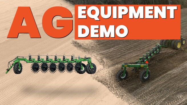 graphic thumbnail with the title of ag equipment demo. this is a thumbnail for a product videography demo. it has a cutout of a root rake to the left and a picture of a tractor pulling it in the field on the right side.