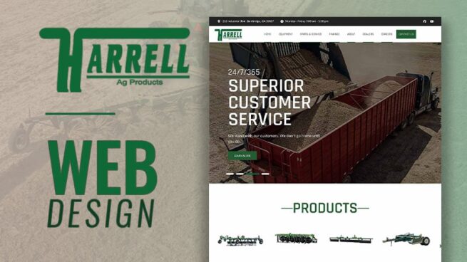 graphic thumbnail with title of Harrell Ag product logo at top left and web design on bottom left with a screenshot of their website on the right side.